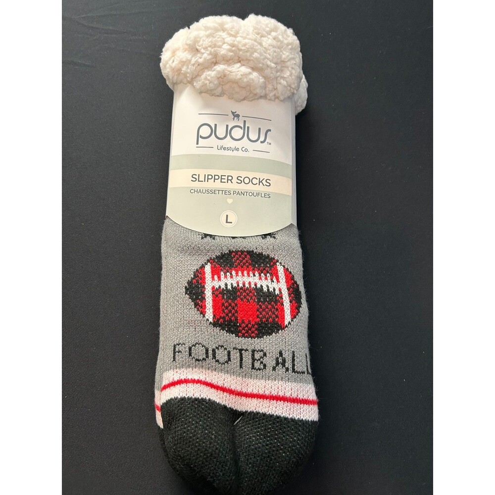 NWT Pudus Slipper Socks Football Gray Red Plaid Sherpa Lined Unisex L 9-13